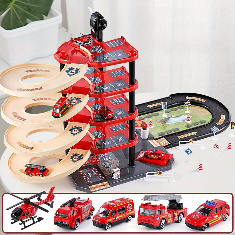 Caserne de pompiers avec jouets et véhicules