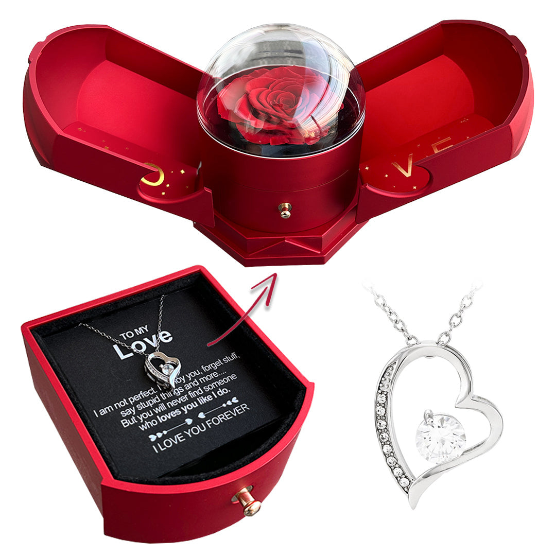Coffret cadeau romantique en forme de rose avec pendentif cœur en diamant