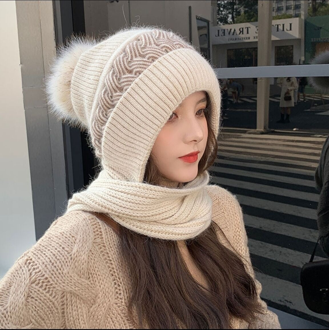 Ensemble écharpe et bonnet réversibles en laine chaude