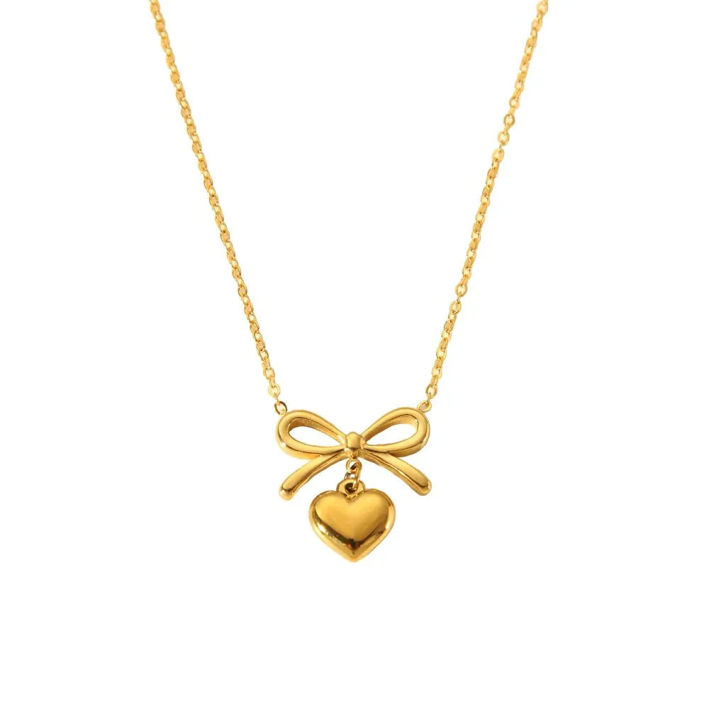 Delicate Gold Bow Heart Pendant Necklace - Halri