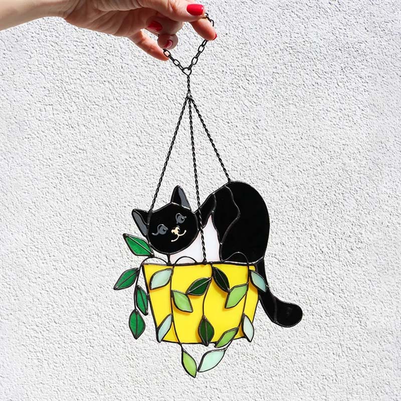 Décoration de fenêtre attrape-soleil chat en vitrail coloré