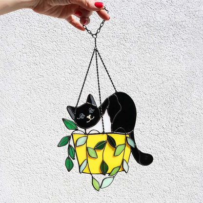 Décoration de fenêtre attrape-soleil chat en vitrail coloré