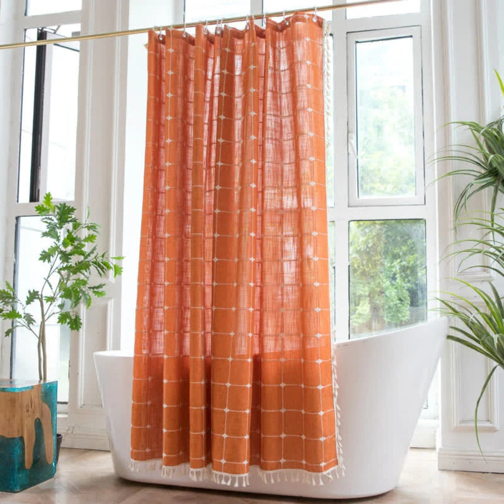 Rideau de douche en coton doux avec bordure à pompons et revêtement imperméable