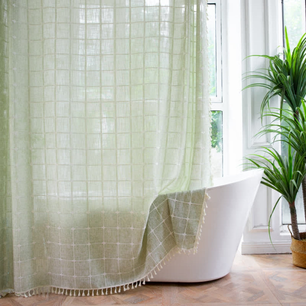 Rideau de douche en coton doux avec bordure à pompons et revêtement imperméable