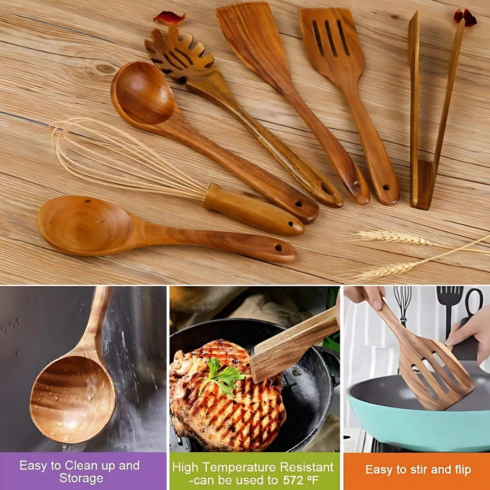 Premium Wooden Kitchen Tool Set - 7 Piece Teak Collection