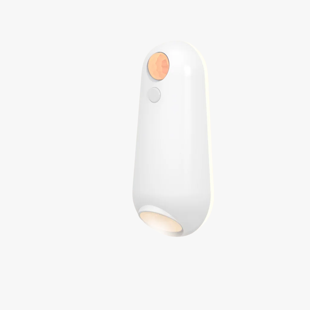 White handheld device with a light on a white background