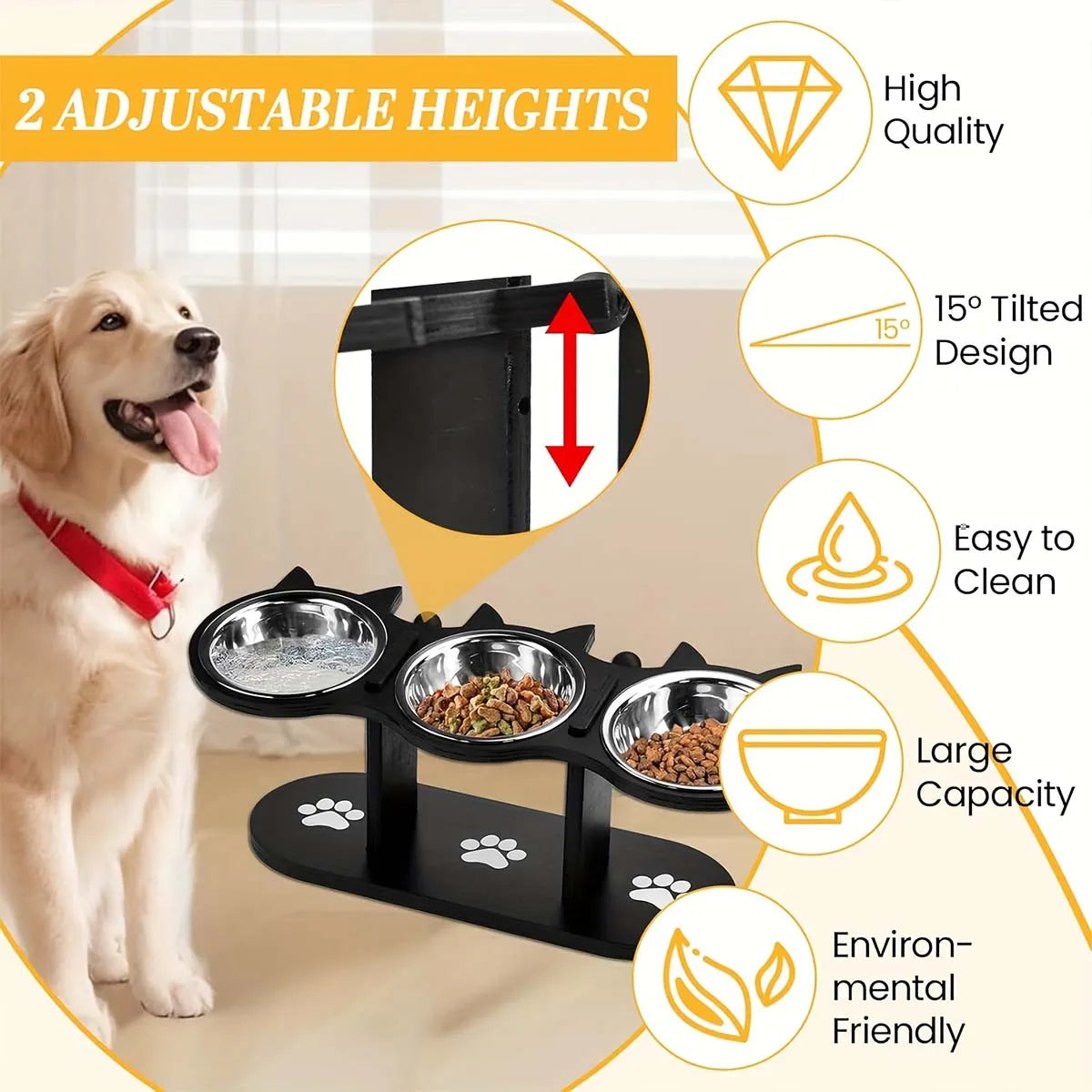 Raised Pet Food Bowl with 3 Metal Feeding Stations