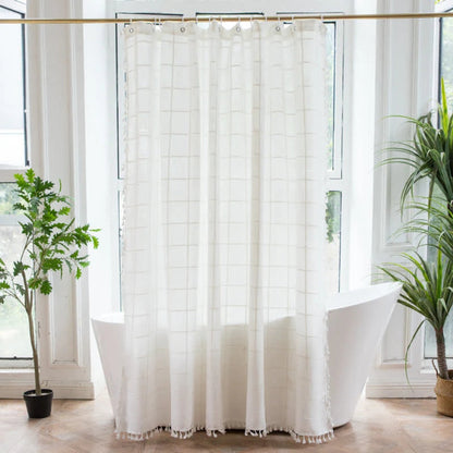 Rideau de douche en coton doux avec bordure à pompons et revêtement imperméable