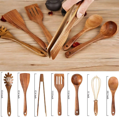 Premium Wooden Kitchen Tool Set - 7 Piece Teak Collection