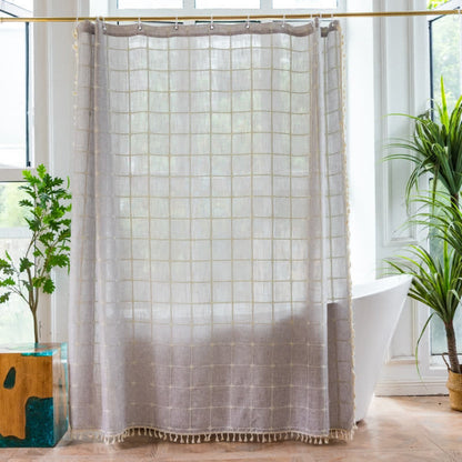 Rideau de douche en coton doux avec bordure à pompons et revêtement imperméable