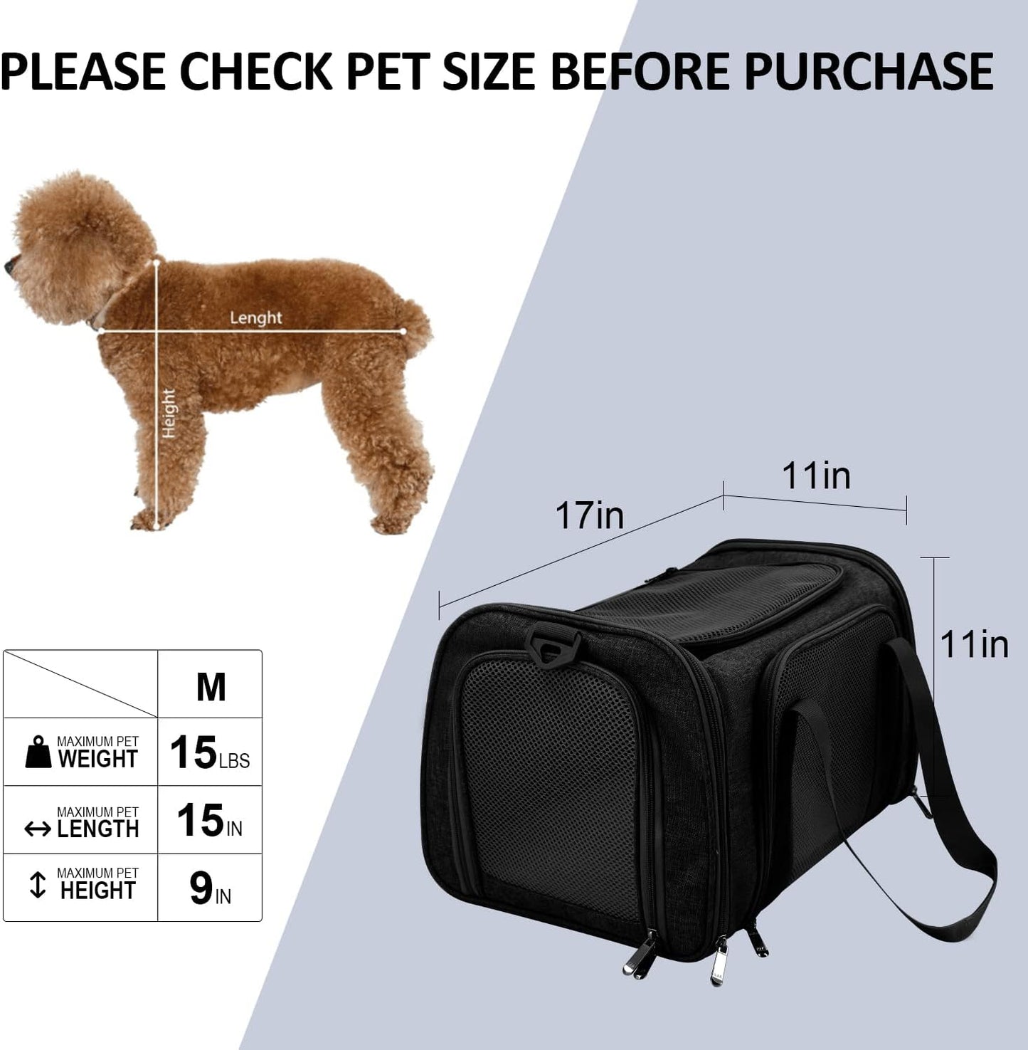 Pet Carrier Bag for Small Dogs Cats Puppies Up to 15lbs