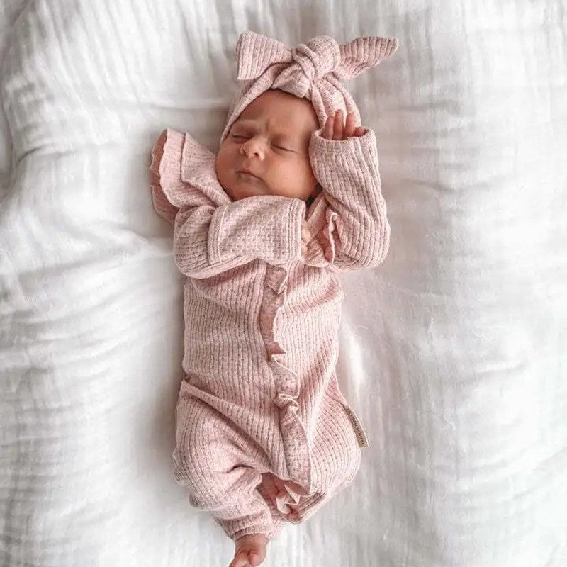 Baby Clothes New Born Baby Clothing Solid Color Flying Sleeve Ruffled Zipper Romper