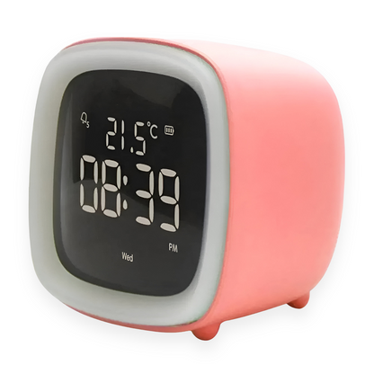 Digital clock with temperature and time display on a white background