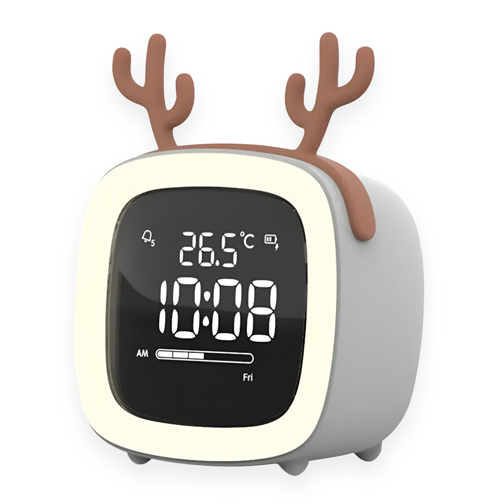 Digital clock with reindeer antlers displaying time and temperature on a white background