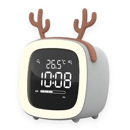 Digital clock with reindeer antlers displaying time and temperature on a white background