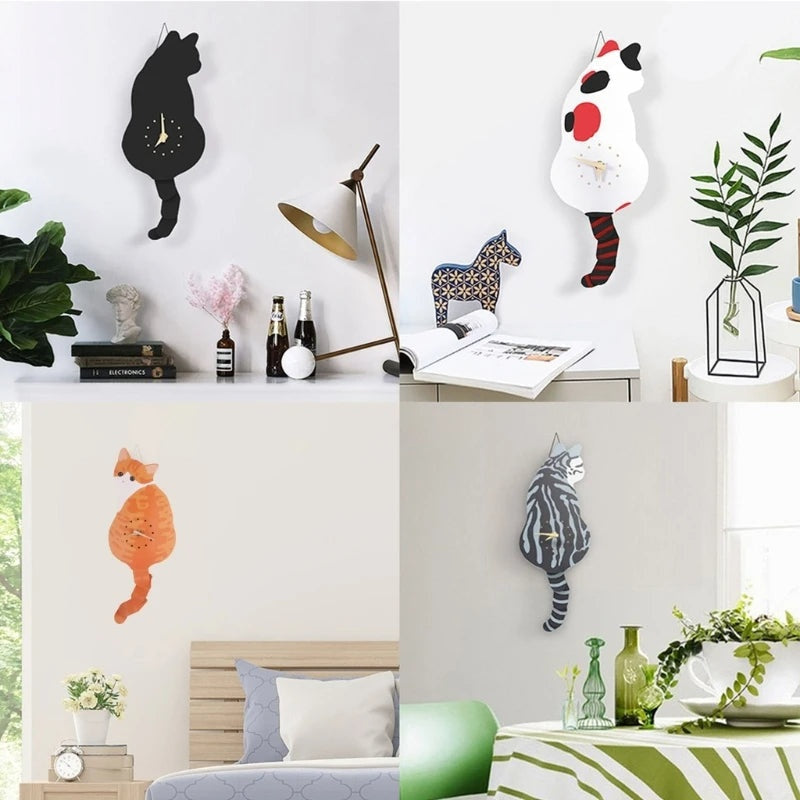 Cute Cat Wall Clock with Swinging Tail for Home Decor