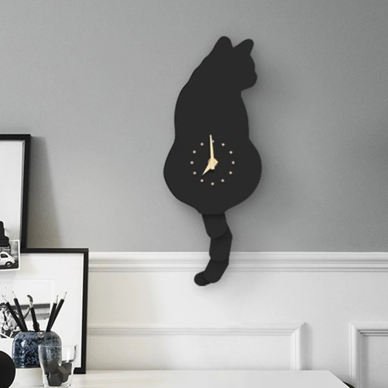 Cute Cat Wall Clock with Swinging Tail for Home Decor