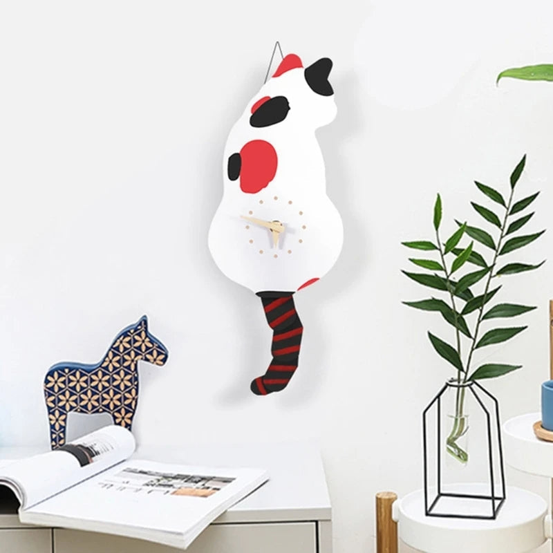 Cute Cat Wall Clock with Swinging Tail for Home Decor
