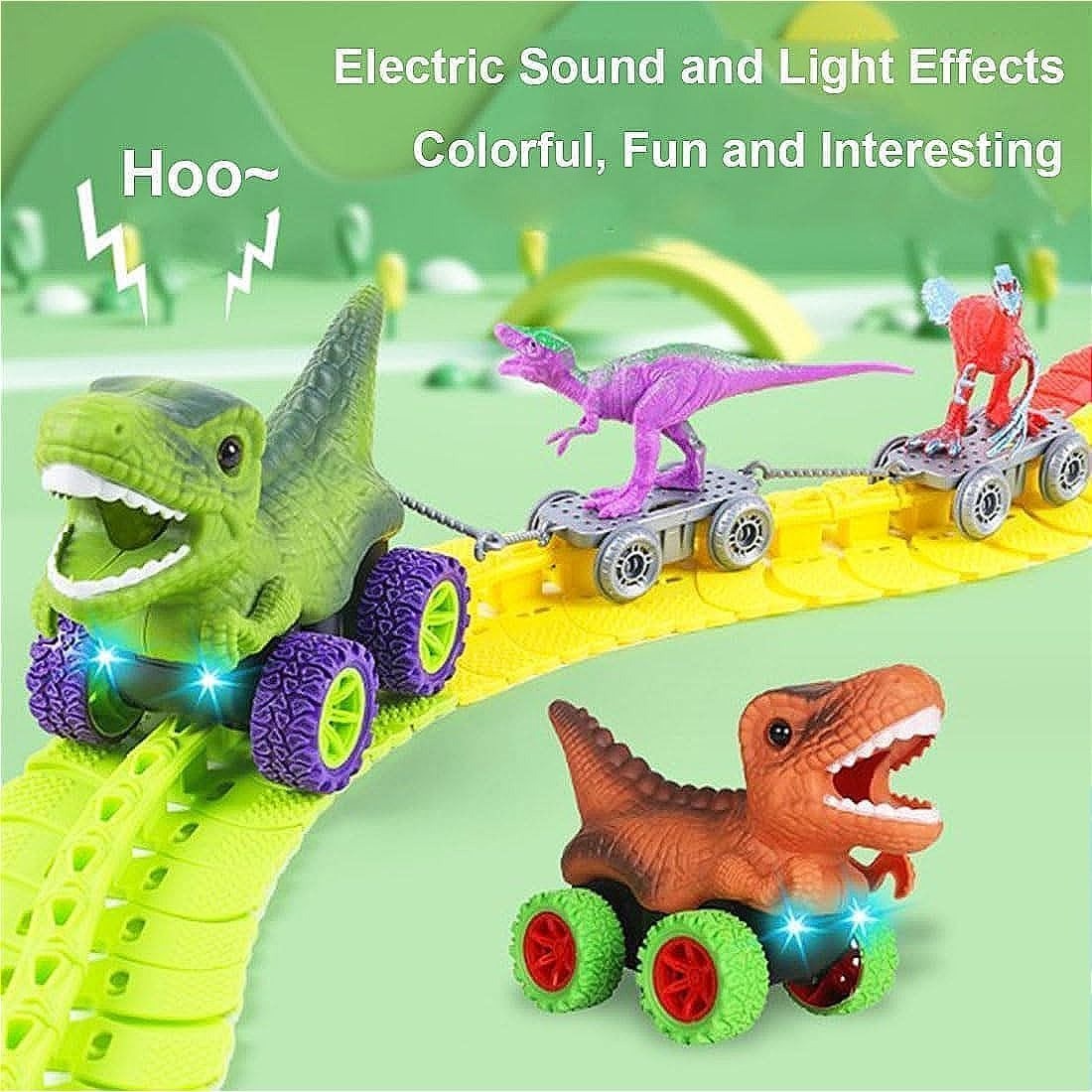 Dinosaur Track Cars With Flexible Tracks, Autopilot, Auto LED, Lively Sounds For Ages 3+