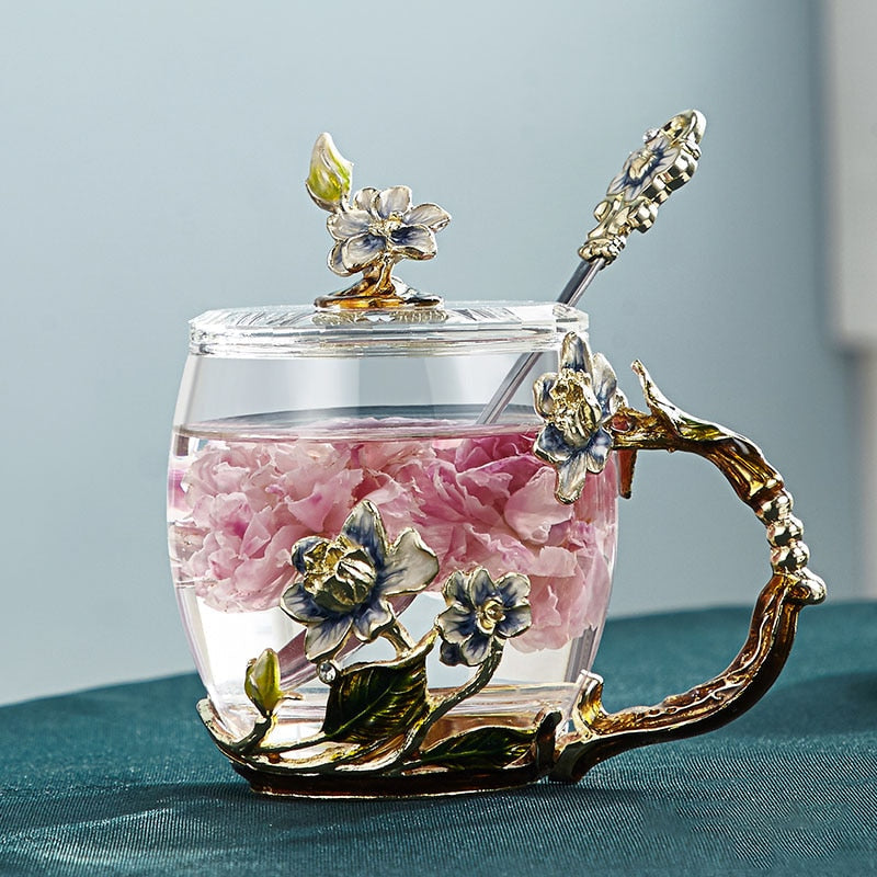 Mug en verre à motif floral romantique pour les amateurs de café et de thé