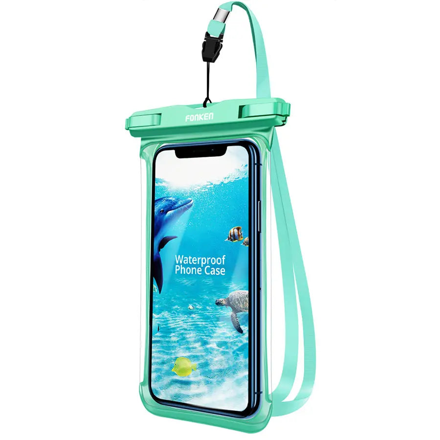 Pochette étanche pour téléphone avec fenêtre transparente et bandoulière.