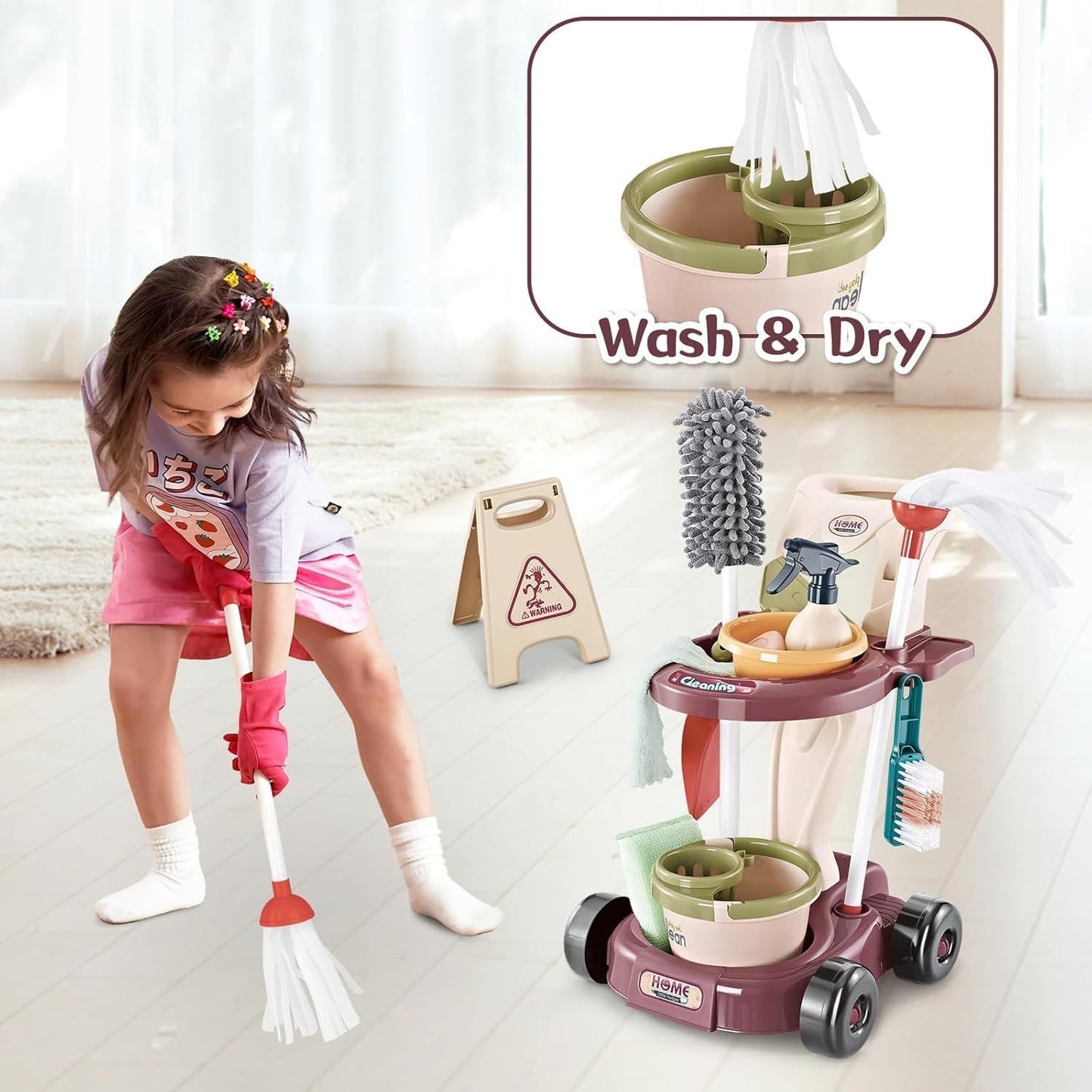 Household Cleaning Play Set with Broom Bucket Soap Bin Wet Floor Sign Dustpan Brush and Much More Included Great Fun for Kids