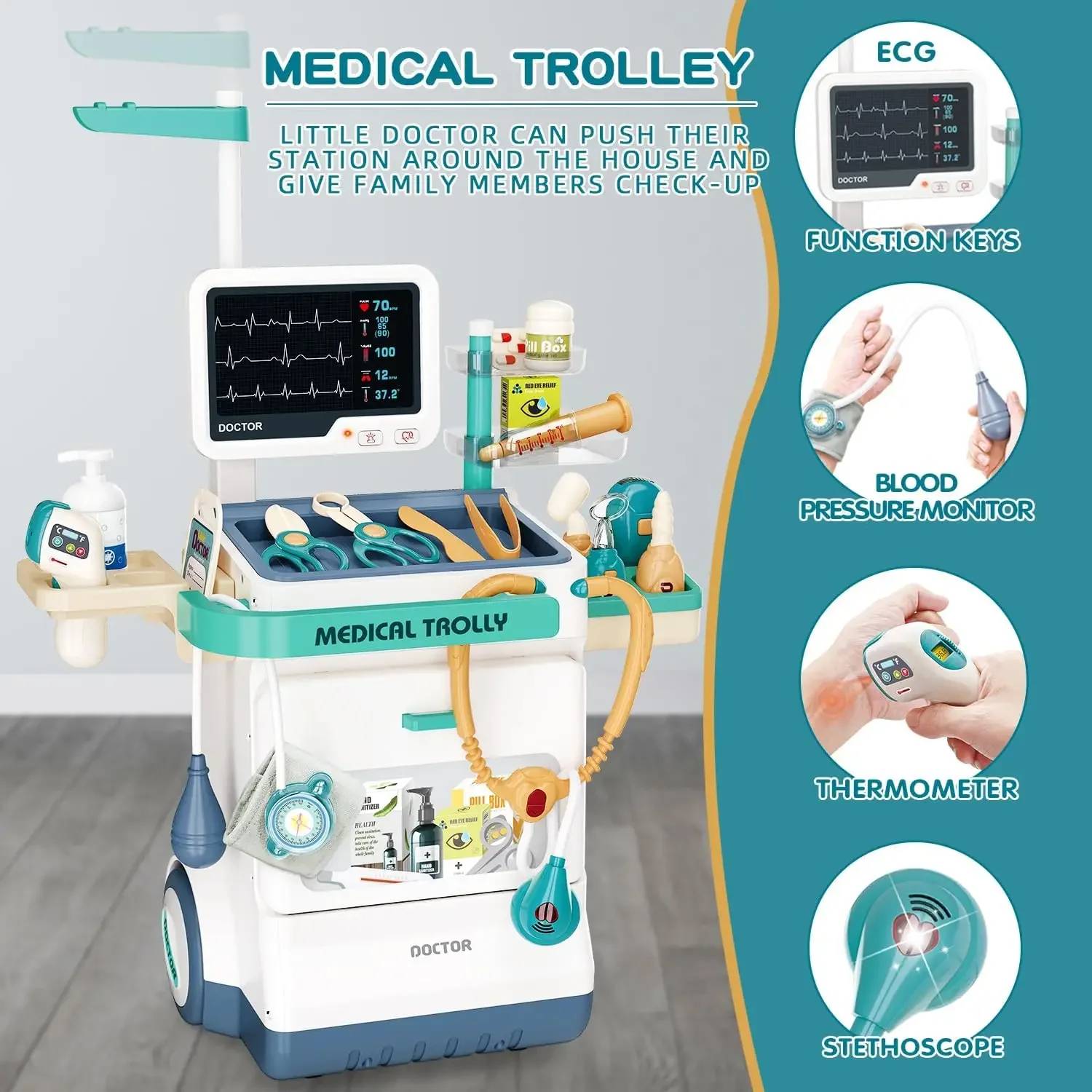 Interactive Doctor Playset with Medical Trolley Cart Pretend Medical Tool Box Play Toy for Kids, Toddlers - Includes Doctor Tools & Accessories