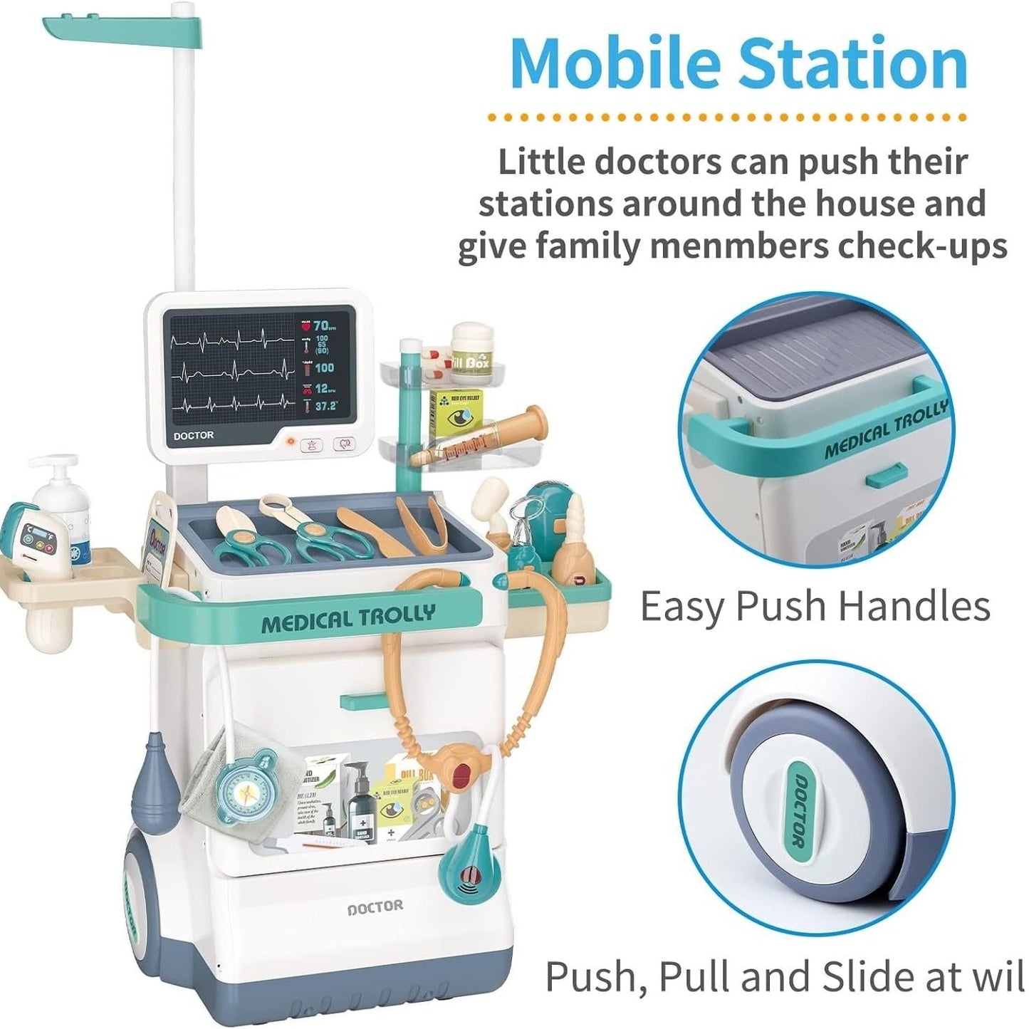 Interactive Doctor Playset with Medical Trolley Cart Pretend Medical Tool Box Play Toy for Kids, Toddlers - Includes Doctor Tools & Accessories