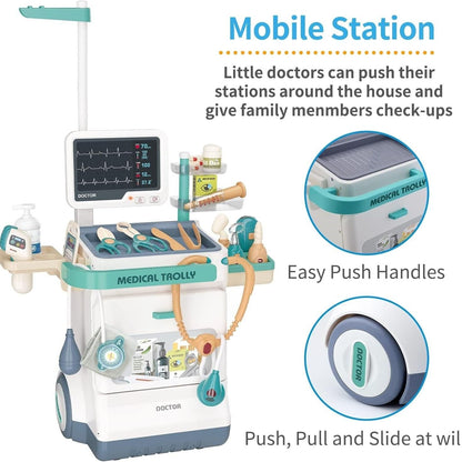 Interactive Doctor Playset with Medical Trolley Cart Pretend Medical Tool Box Play Toy for Kids, Toddlers - Includes Doctor Tools & Accessories