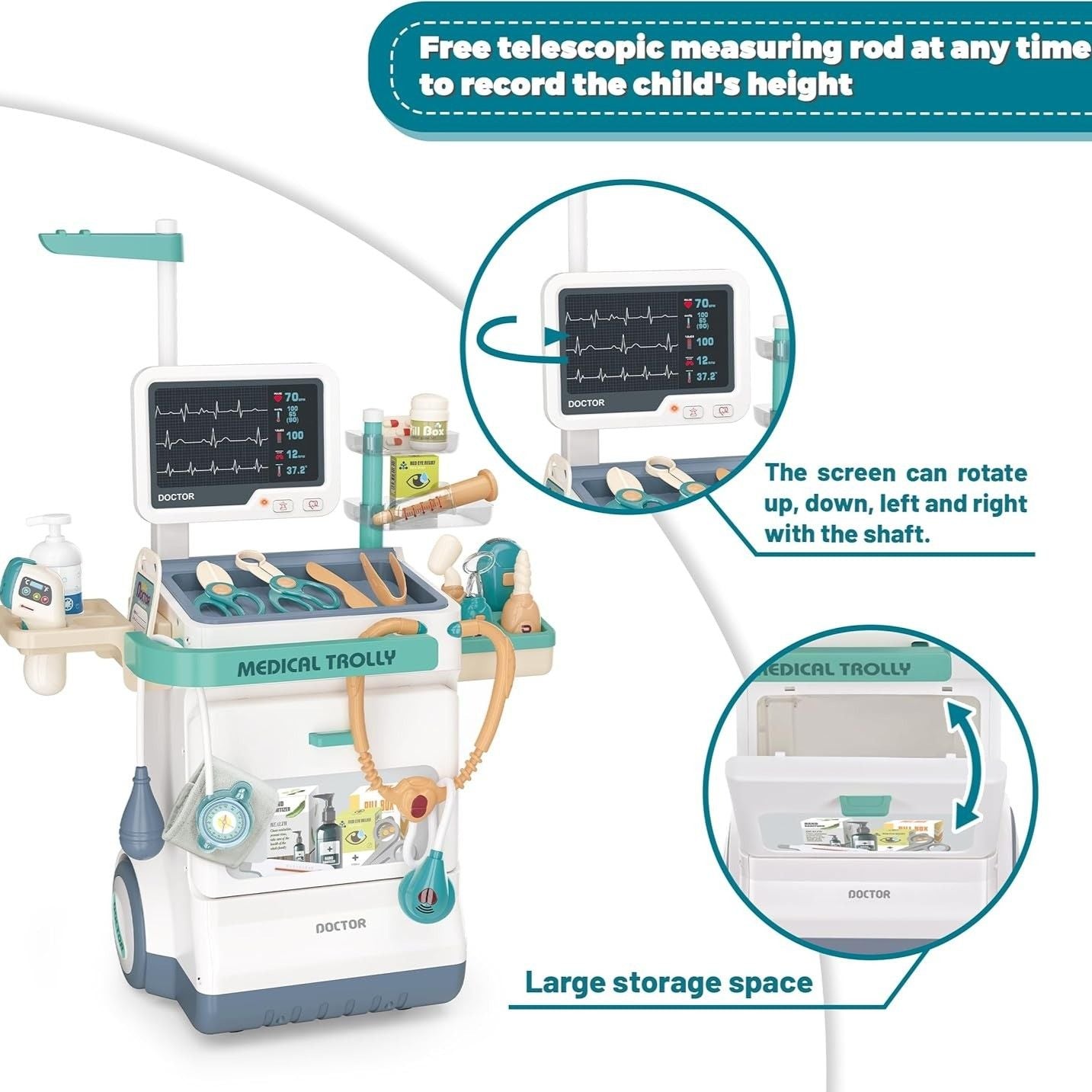 Interactive Doctor Playset with Medical Trolley Cart Pretend Medical Tool Box Play Toy for Kids, Toddlers - Includes Doctor Tools & Accessories