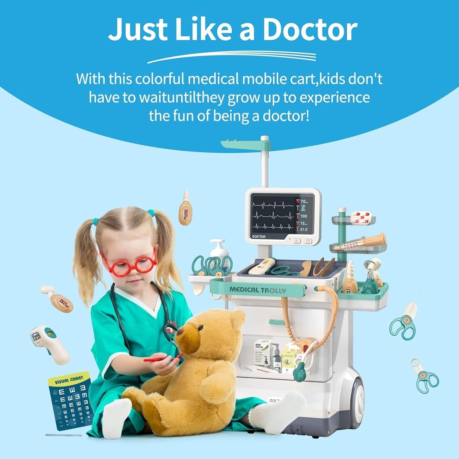 Interactive Doctor Playset with Medical Trolley Cart Pretend Medical Tool Box Play Toy for Kids, Toddlers - Includes Doctor Tools & Accessories