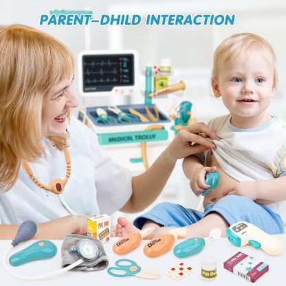 Interactive Doctor Playset with Medical Trolley Cart Pretend Medical Tool Box Play Toy for Kids, Toddlers - Includes Doctor Tools & Accessories