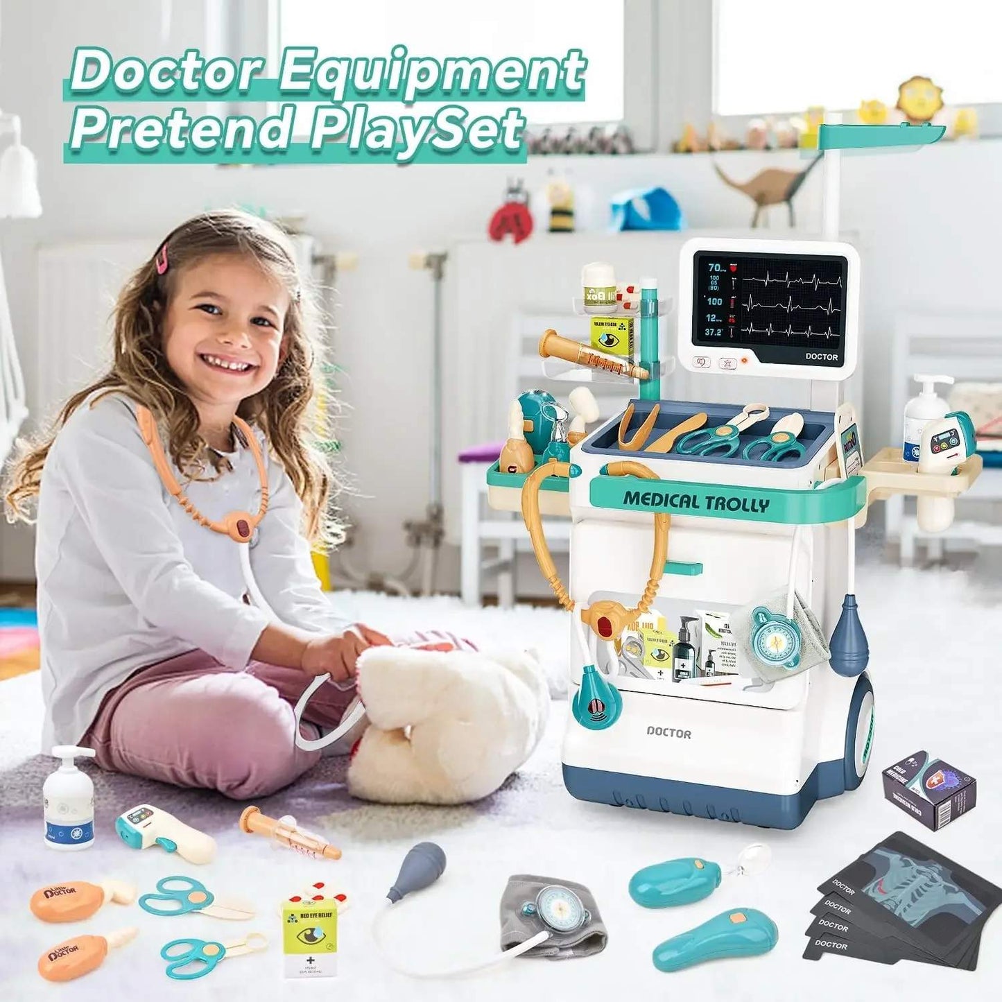 Interactive Doctor Playset with Medical Trolley Cart Pretend Medical Tool Box Play Toy for Kids, Toddlers - Includes Doctor Tools & Accessories