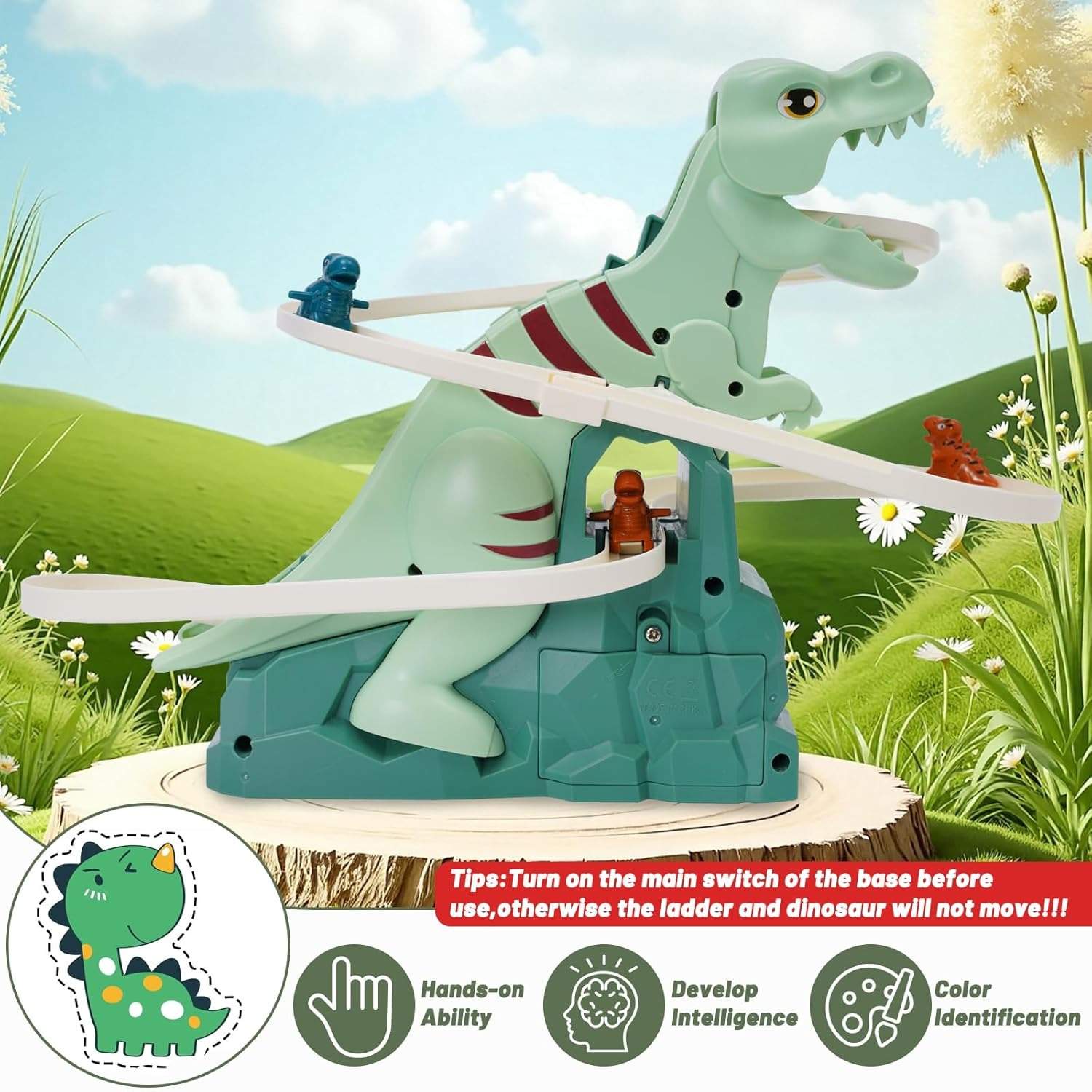Kids' Dinosaur Race Track Interactive Automatic Climbing Cars With LED Lights, Battery Powered, On Off Switch for Ages 3+
