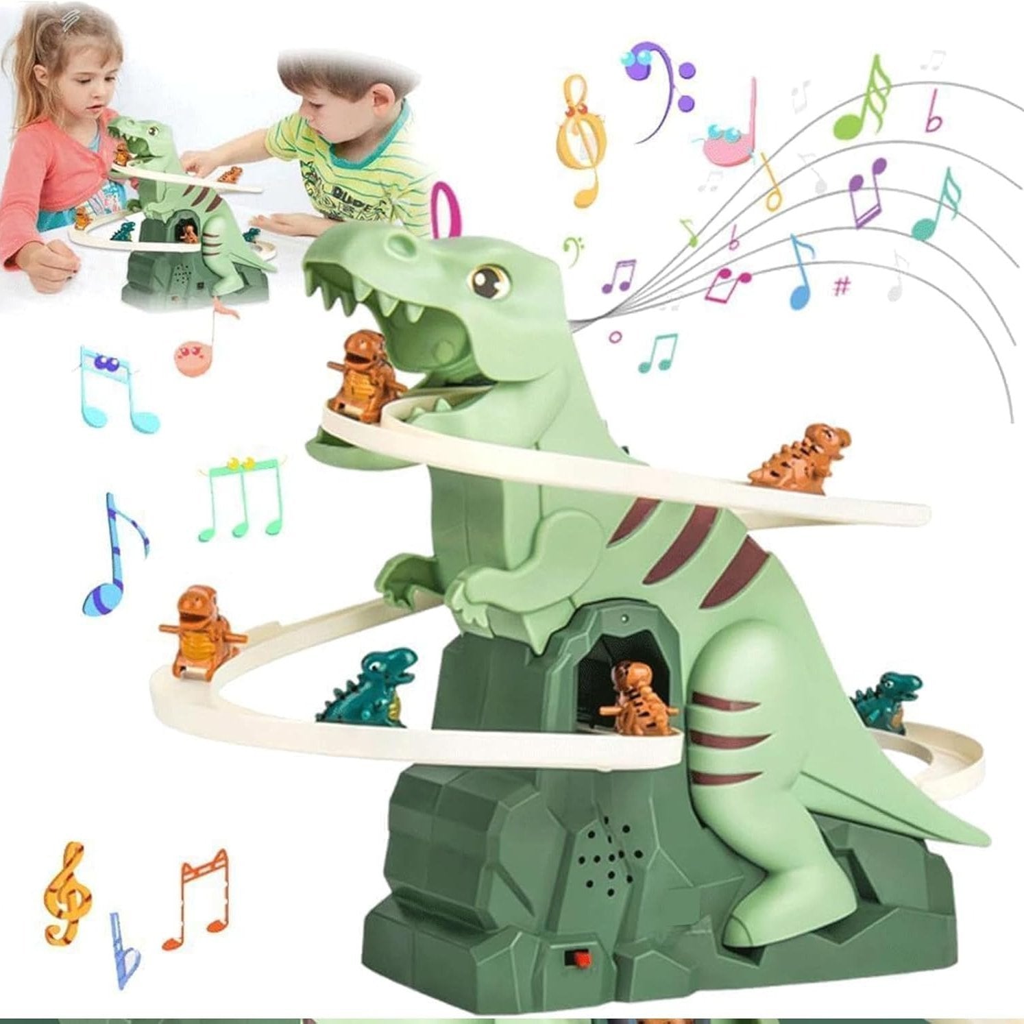 Kids' Dinosaur Race Track Interactive Automatic Climbing Cars With LED Lights, Battery Powered, On Off Switch for Ages 3+