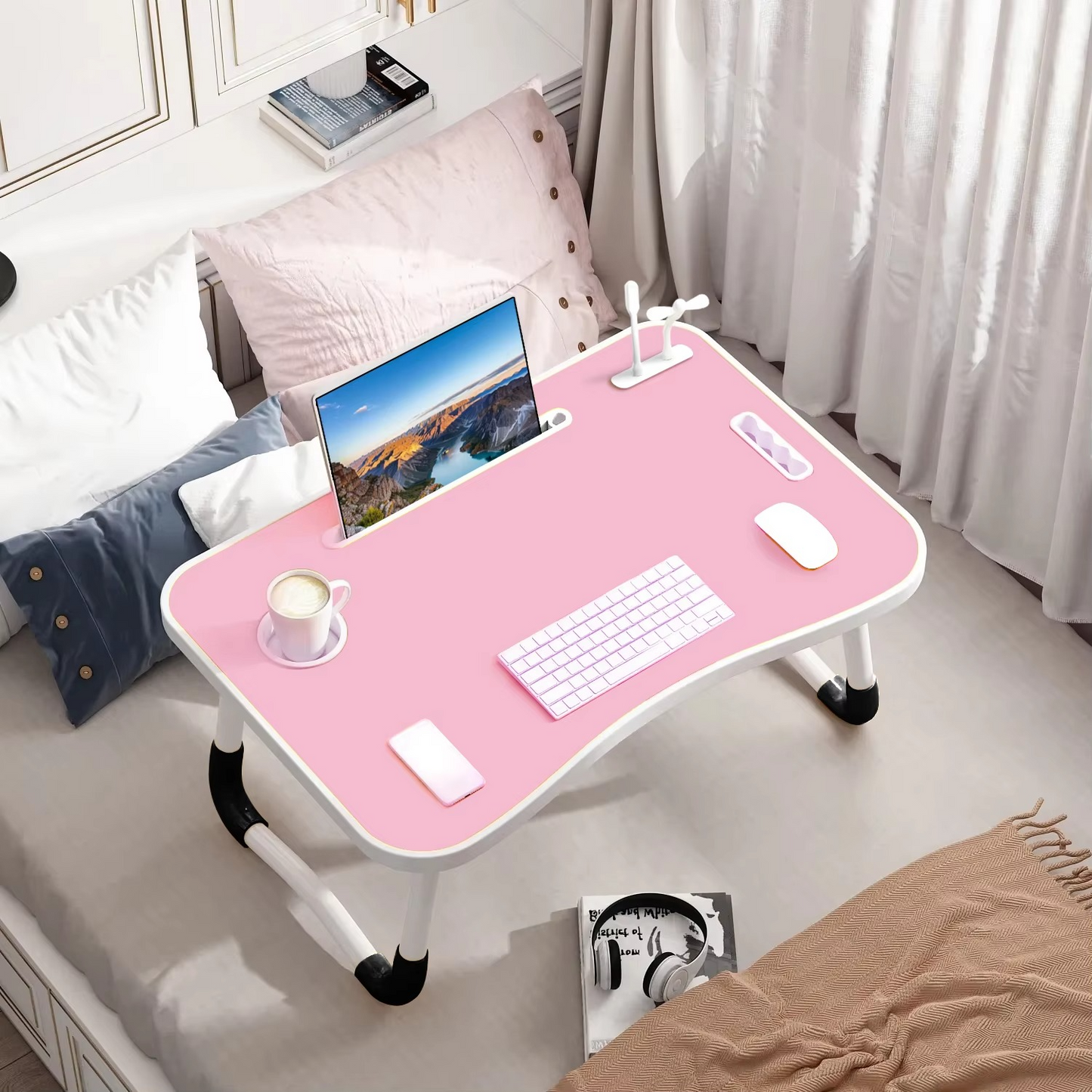Bureau compact pour ordinateur portable avec lampe USB et ventilateur