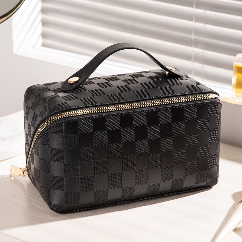 Trousse de maquillage de voyage haut de gamme avec poches et cuir imperméable