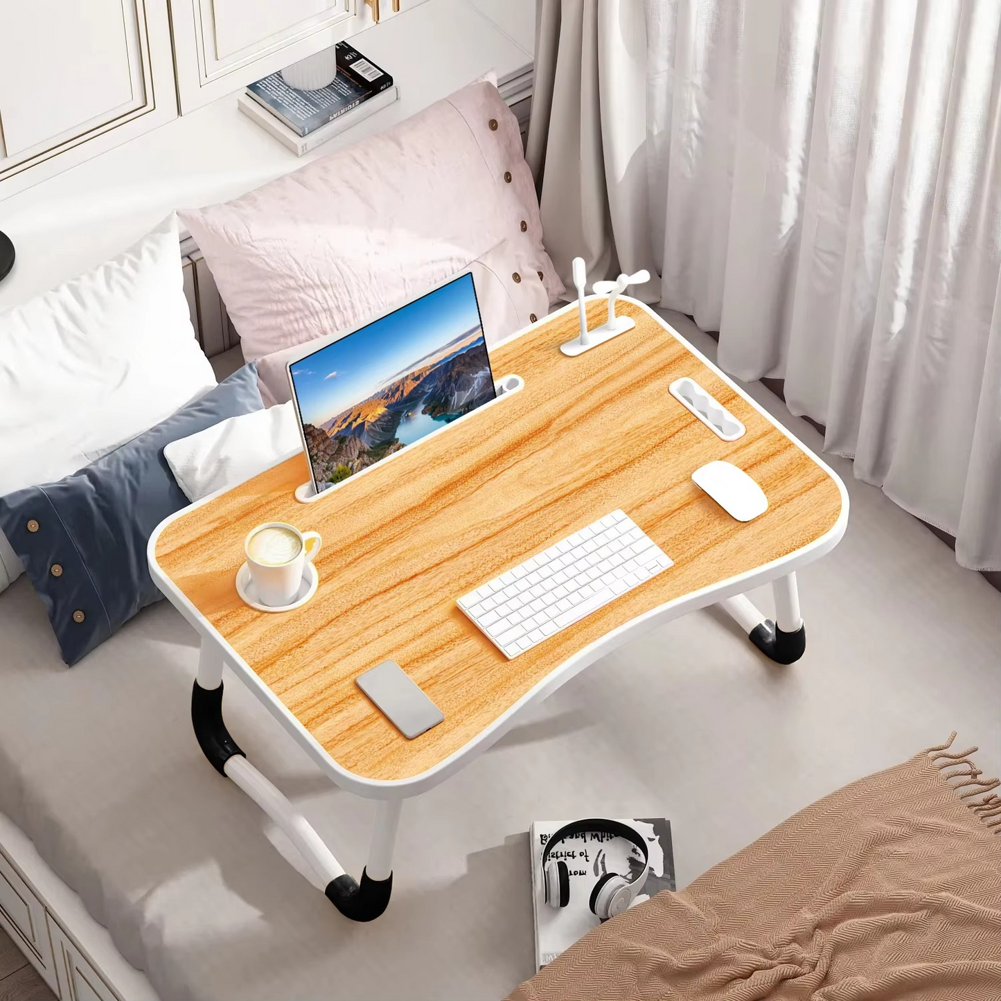 Bureau compact pour ordinateur portable avec lampe USB et ventilateur