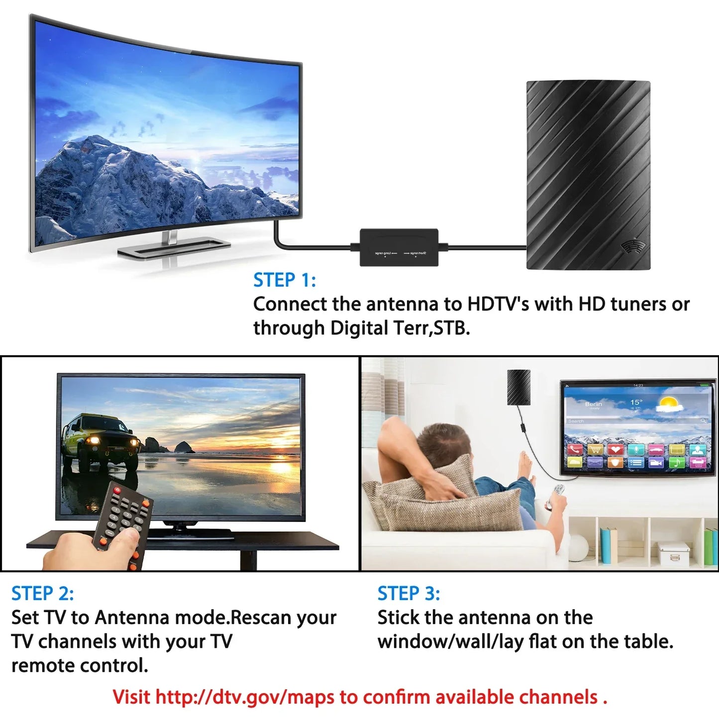 Long Range HD TV Antenna - Amplified Indoor Outdoor HDTV