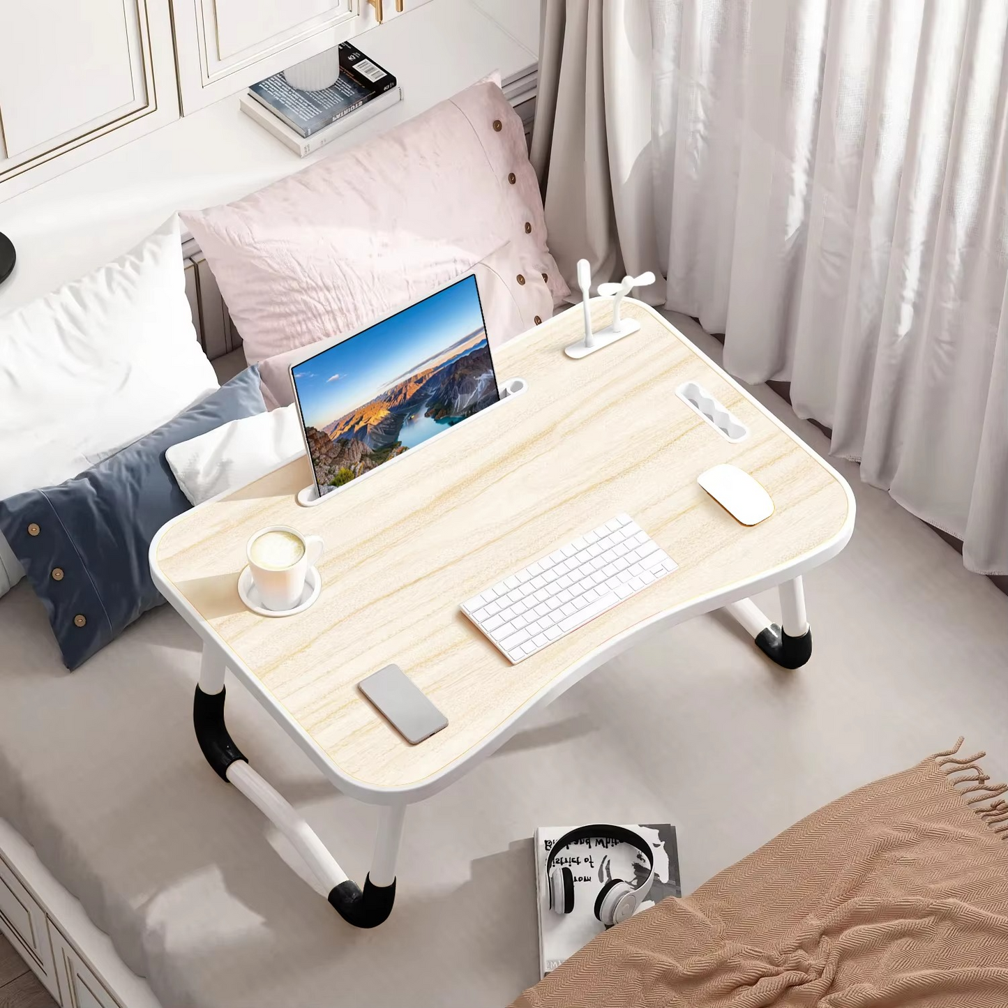 Bureau compact pour ordinateur portable avec lampe USB et ventilateur