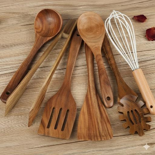 Premium Wood Kitchen Tool Set 7 Piece Non Stick Friendly - Halri