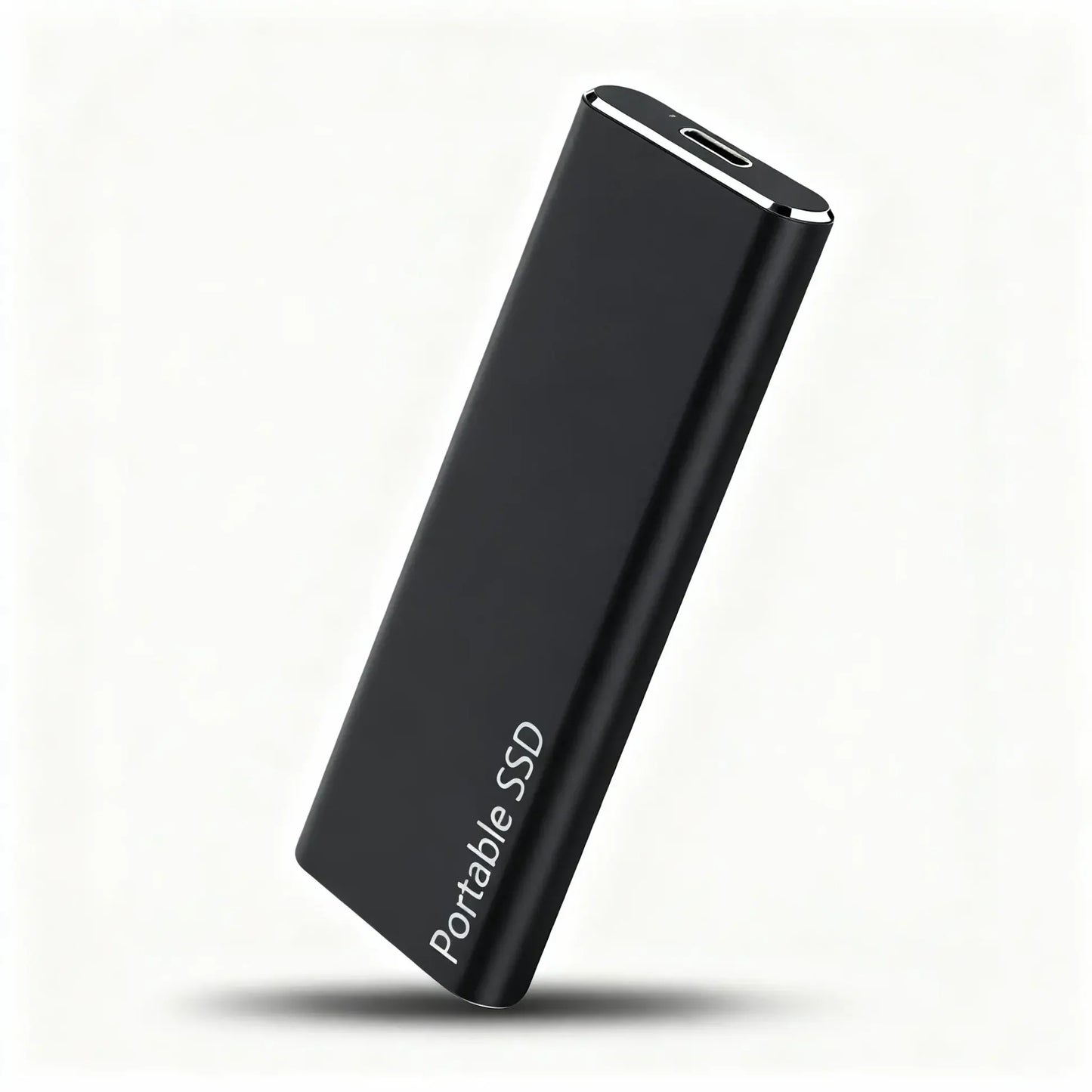 Black portable SSD on a white background