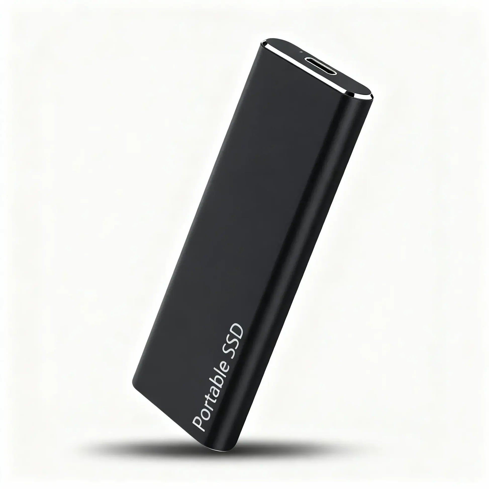Black portable SSD on a white background