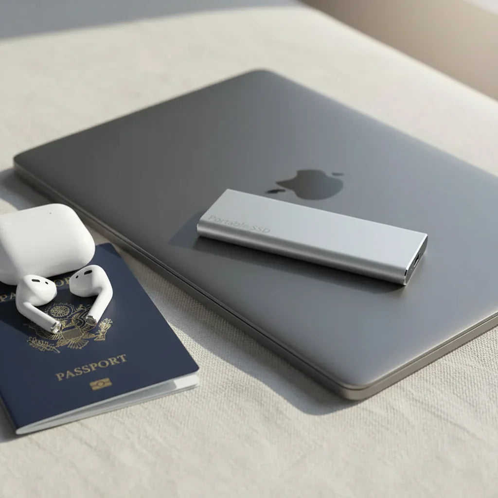 Laptop, power bank, wireless earbuds, and passport on a light surface