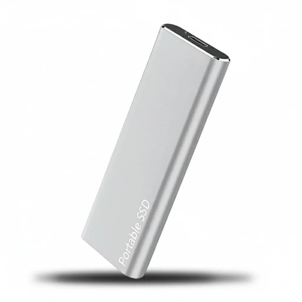 Silver portable SSD on a white background