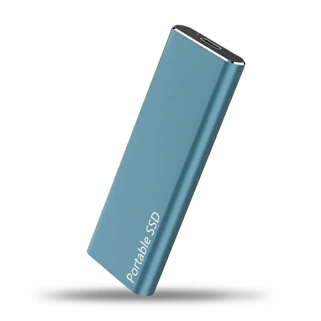 Blue portable SSD on a white background