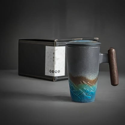 Mug en céramique de style vintage avec infuseur et poignée en bois