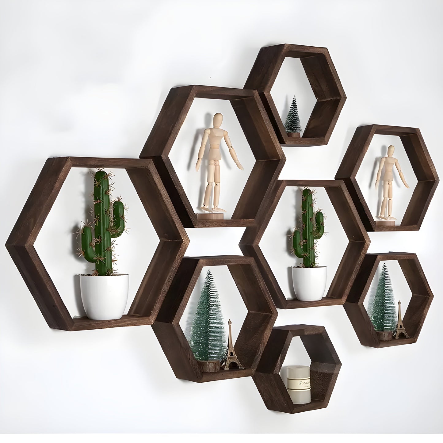 Ensemble de 5 étagères murales hexagonales rustiques en bois