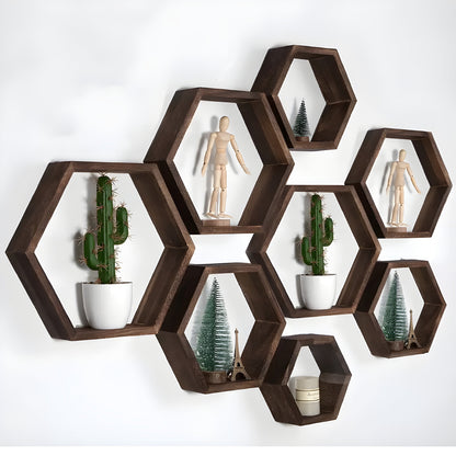 Ensemble de 5 étagères murales hexagonales rustiques en bois
