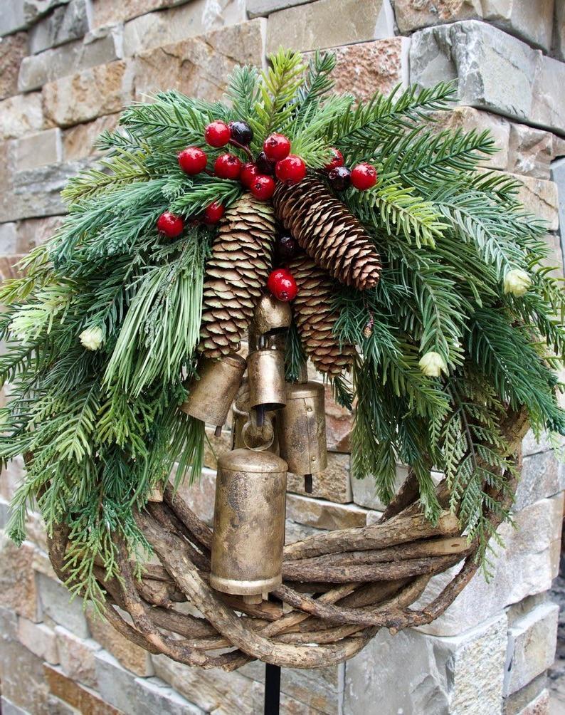 Rustic Christmas Door Wreath, Country Holiday Wreath, Winter Pine Wreath